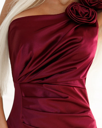 19810-6-AURORA Langes One-Shoulder-Kleid aus Satin mit Rosen - Burgunderrot-6