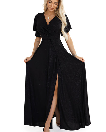 19875-7-JENNIFER glänzendes langes Kleid mit Ärmeln und Ausschnitt - schwarz mit Glitzer-7