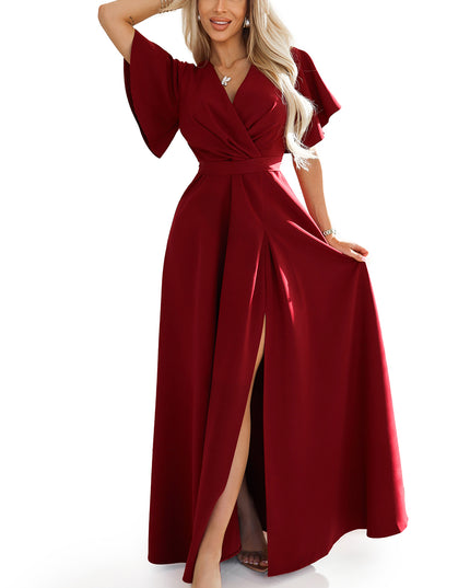 19885-9-JENNIFER langes Kleid mit Beinschlitz, Ärmeln und Ausschnitt - burgunderfarben-9