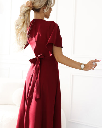 19885-7-JENNIFER langes Kleid mit Beinschlitz, Ärmeln und Ausschnitt - burgunderfarben-7