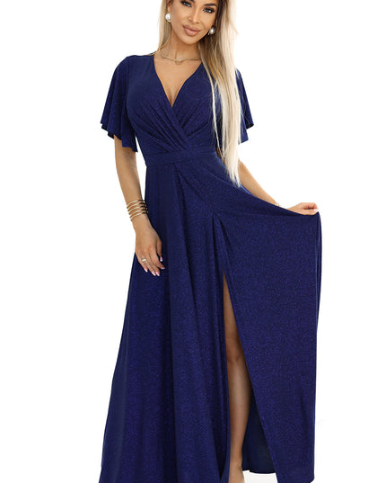 20089-7-JENNIFER glänzendes langes Kleid mit Ärmeln und Ausschnitt - Marineblau mit Glitzer-7