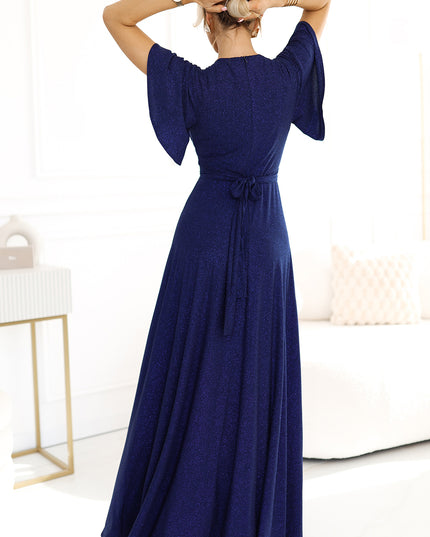 20089-3-JENNIFER glänzendes langes Kleid mit Ärmeln und Ausschnitt - Marineblau mit Glitzer-3