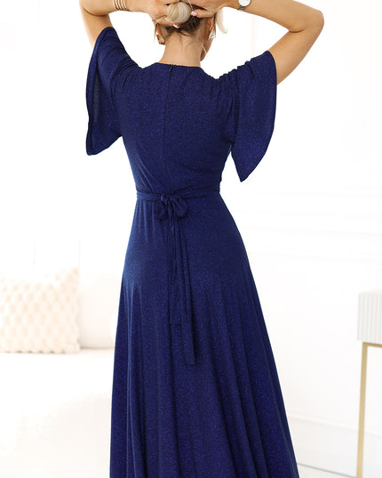 20089-5-JENNIFER glänzendes langes Kleid mit Ärmeln und Ausschnitt - Marineblau mit Glitzer-5