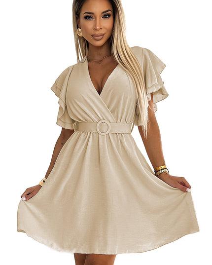 20034-6-Damenkleid mit Umschlagausschnitt, Ärmeln und Gürtel - beige-6