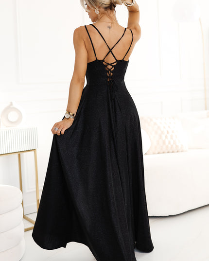 20278-3-Langes Kleid mit dezentem Glanz und Korsettschnürung am Rücken - schwarz mit Glitzer-3