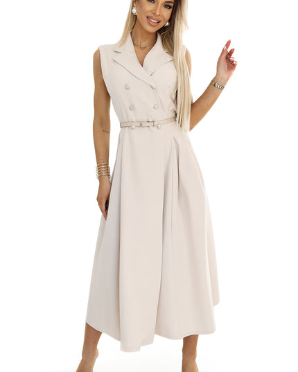 20071-7-Elegantes Midi-Hemdblusenkleid mit goldenen Knöpfen und Gürtel - Beige-7