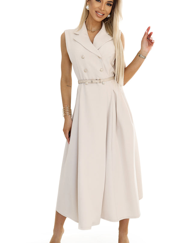 20071-7-Elegantes Midi-Hemdblusenkleid mit goldenen Knöpfen und Gürtel - Beige-7