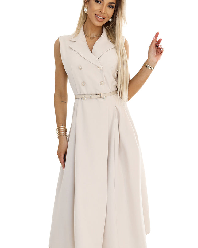 20071-8-Elegantes Midi-Hemdblusenkleid mit goldenen Knöpfen und Gürtel - Beige-8