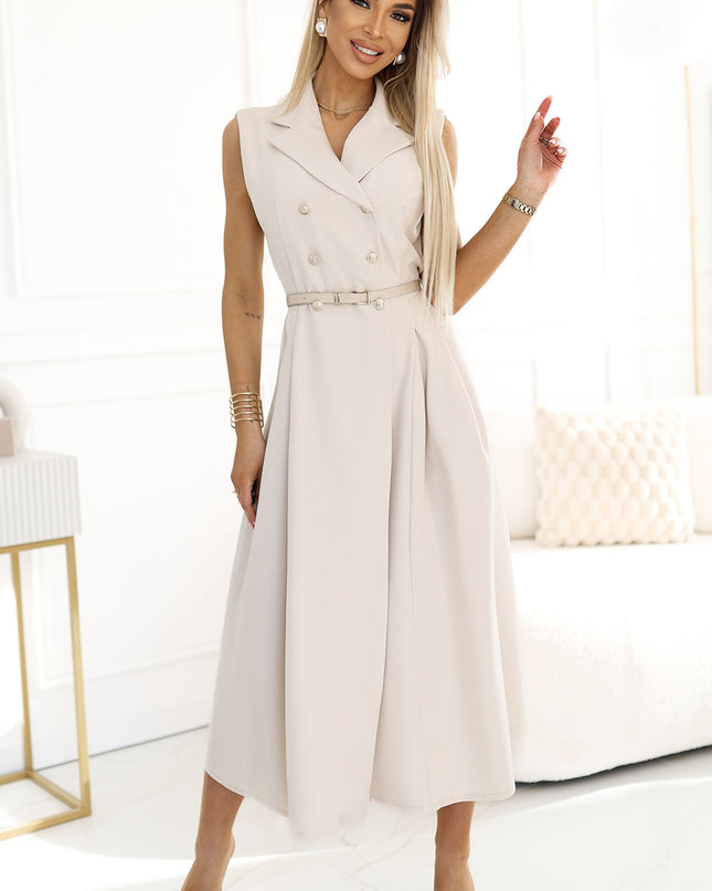 20071-4-Elegantes Midi-Hemdblusenkleid mit goldenen Knöpfen und Gürtel - Beige-4