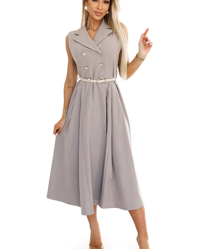20082-7-Elegantes Midi-Hemdblusenkleid mit goldenen Knöpfen und Gürtel - graubeige-7