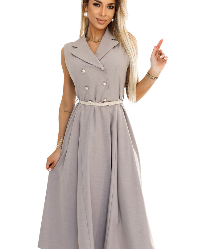 20082-8-Elegantes Midi-Hemdblusenkleid mit goldenen Knöpfen und Gürtel - graubeige-8