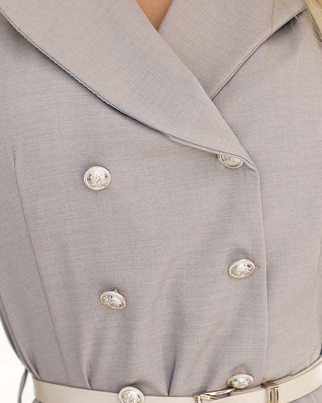 20082-6-Elegantes Midi-Hemdblusenkleid mit goldenen Knöpfen und Gürtel - graubeige-6