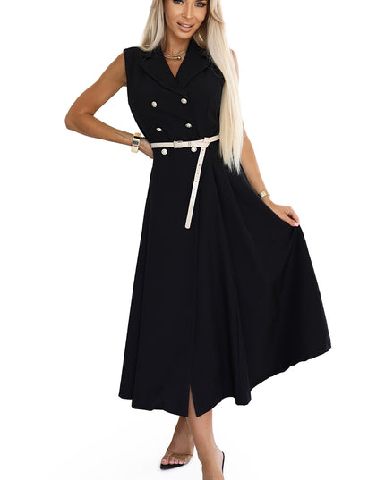 20557-7-Elegantes Midi-Hemdblusenkleid mit goldenen Knöpfen und Gürtel - Schwarz-7