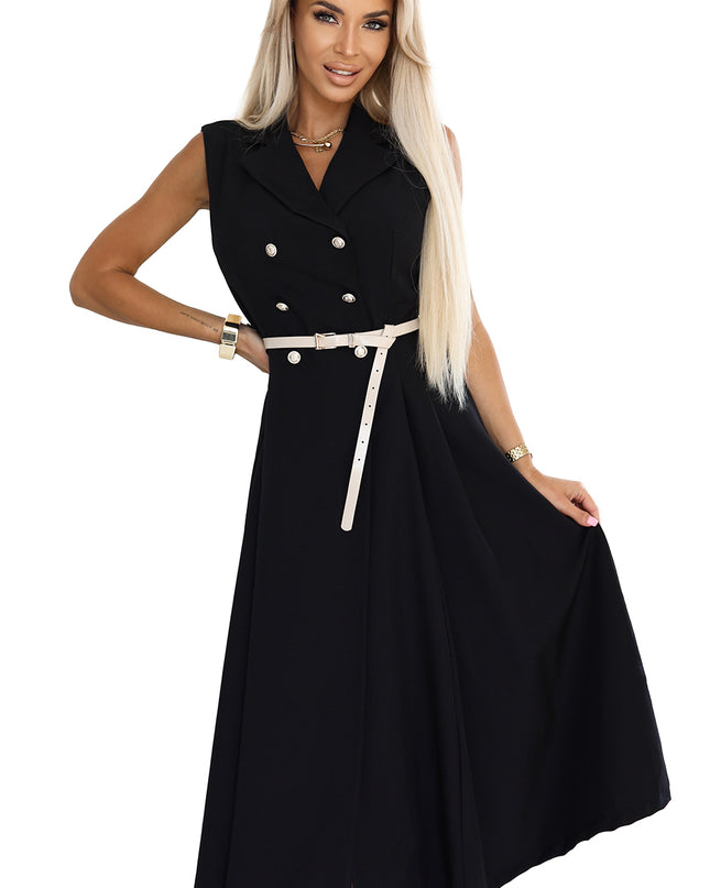 20557-8-Elegantes Midi-Hemdblusenkleid mit goldenen Knöpfen und Gürtel - Schwarz-8