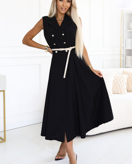 20557-4-Elegantes Midi-Hemdblusenkleid mit goldenen Knöpfen und Gürtel - Schwarz-4