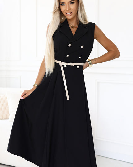 20557-1-Elegantes Midi-Hemdblusenkleid mit goldenen Knöpfen und Gürtel - Schwarz-1