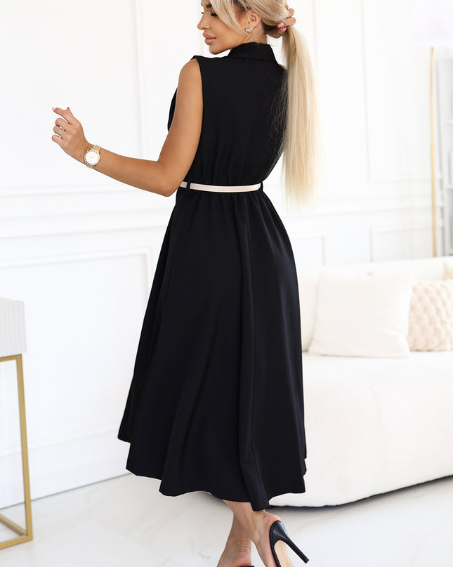 20557-3-Elegantes Midi-Hemdblusenkleid mit goldenen Knöpfen und Gürtel - Schwarz-3