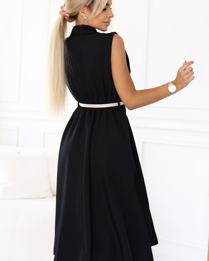 20557-5-Elegantes Midi-Hemdblusenkleid mit goldenen Knöpfen und Gürtel - Schwarz-5