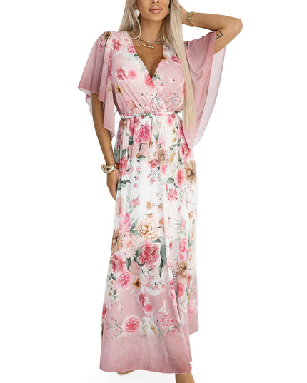 20413-9-Luftiges Wickel-Maxikleid mit Blumenmuster – rosa Rosen-9