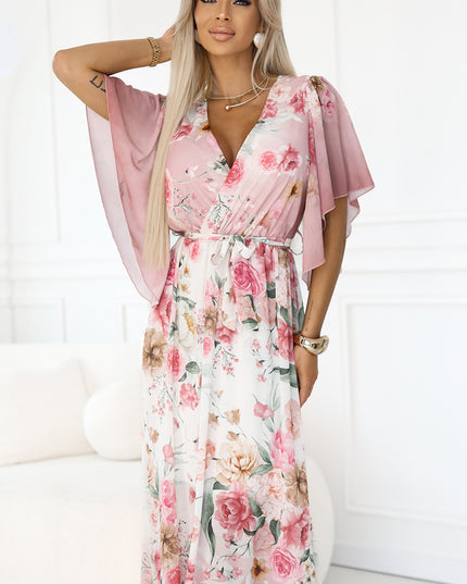 20413-6-Luftiges Wickel-Maxikleid mit Blumenmuster – rosa Rosen-6