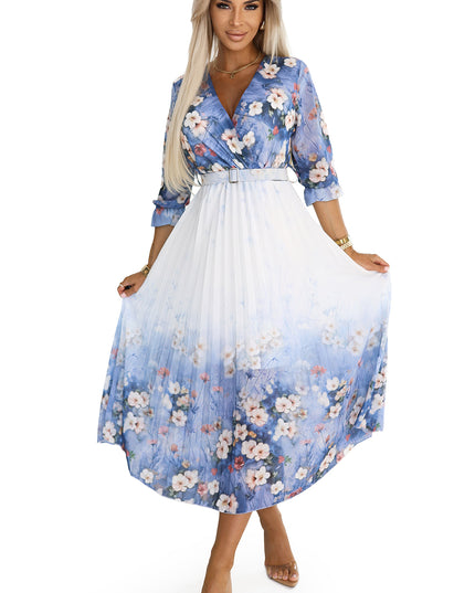 20380-7-Feminines luftiges Midikleid mit Envelope-Ausschnitt und Falten – Hellblau mit Wildblumen-7