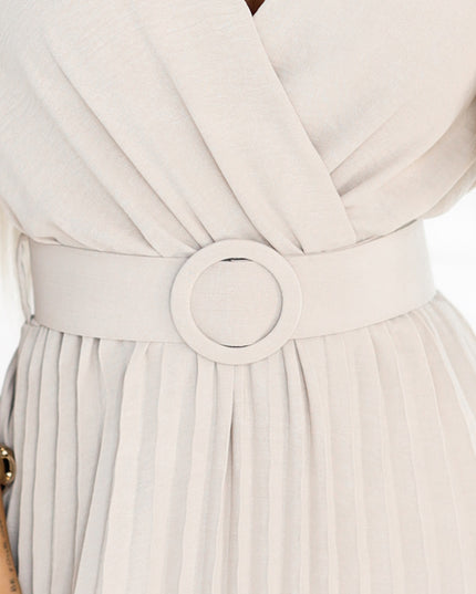 20454-6-LYRA Plissiertes Midikleid mit Envelope-Ausschnitt und breitem Gürtel - beige-6