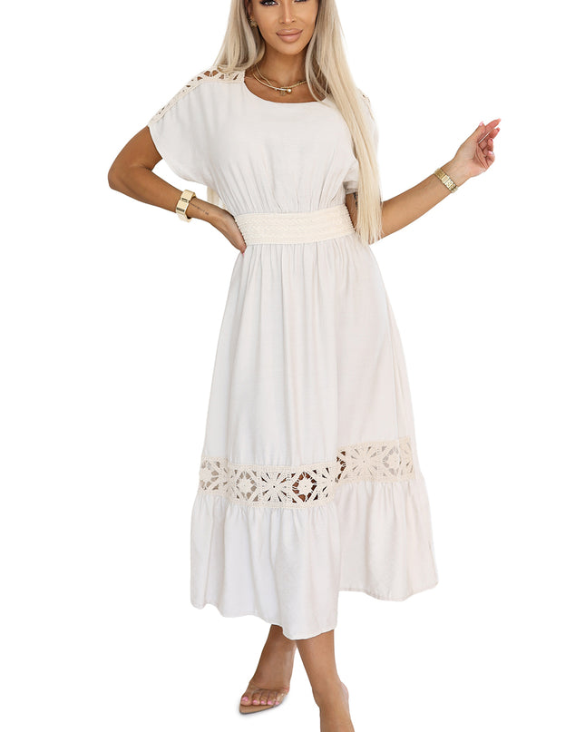 20558-9-Dezentes Boho-Kleid mit durchbrochenen Einsätzen – Ecru-9