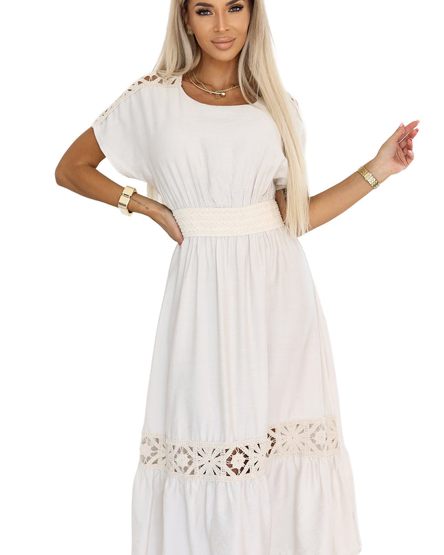 20558-10-Dezentes Boho-Kleid mit durchbrochenen Einsätzen – Ecru-10