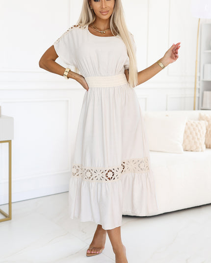 20558-3-Dezentes Boho-Kleid mit durchbrochenen Einsätzen – Ecru-3